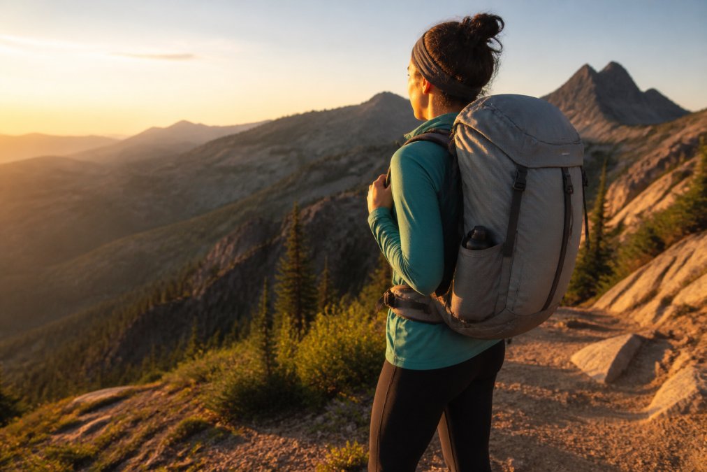 Hiker wearing a lightweight backpack on a mountain trail at golden hour, hip belt cinched and shoulder straps adjusted, scenic ridgeline visible behind them