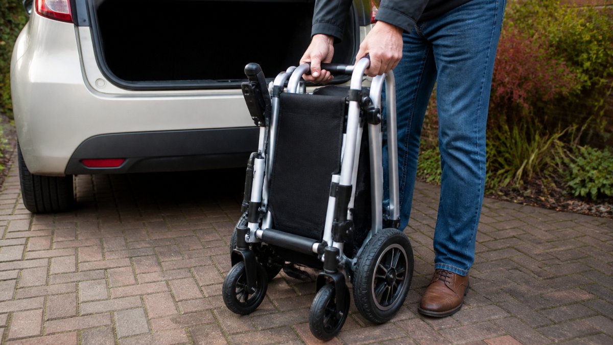 A folded magnesium-framed powerchair standing beside the open boot of a small hatchback on a driveway, with a person's hands lifting it by the frame