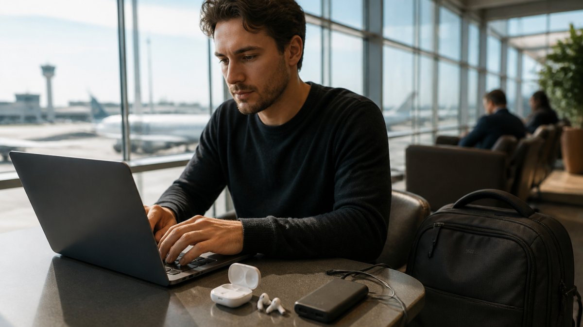 Digital nomad working at a laptop in a bright airport lounge with wireless earbuds on the table, travel backpack nearby, and a portable charger visible