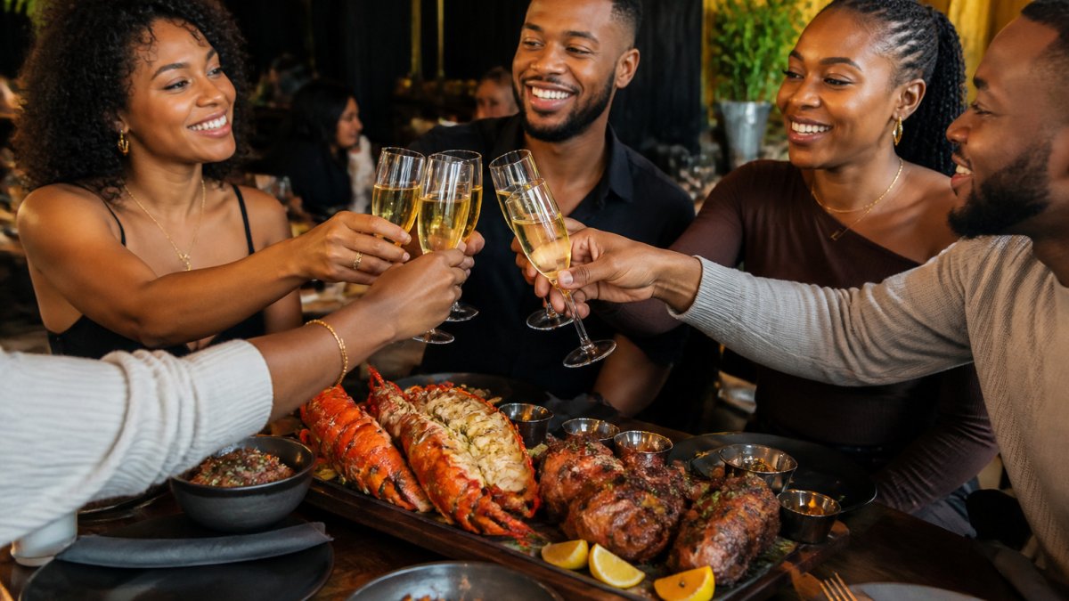 Infographic detailing the lobster and steak items included in a premium bottomless brunch experience.