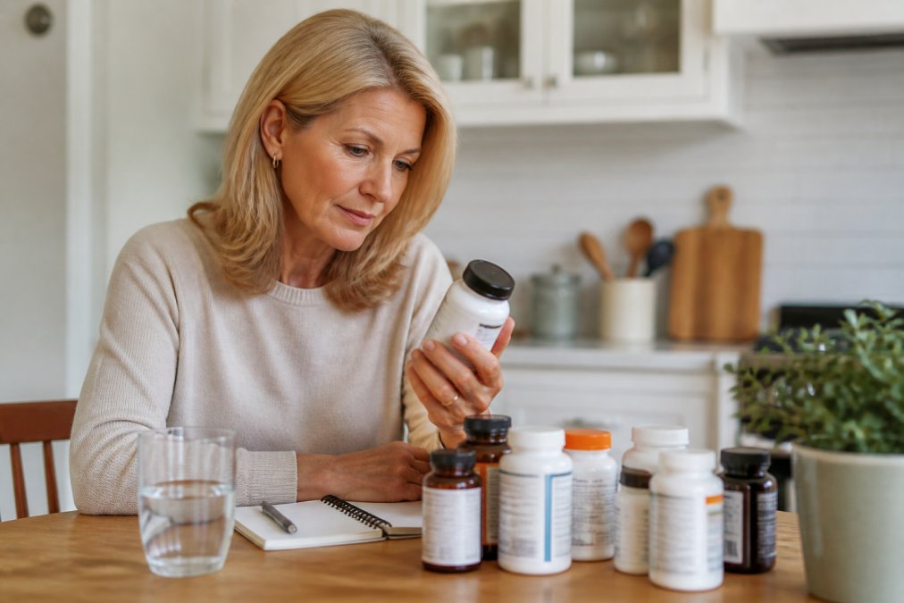 A woman in her 50s sitting at a bright kitchen table with several supplement bottles, a glass of water, and a notebook, looking thoughtfully at the labels