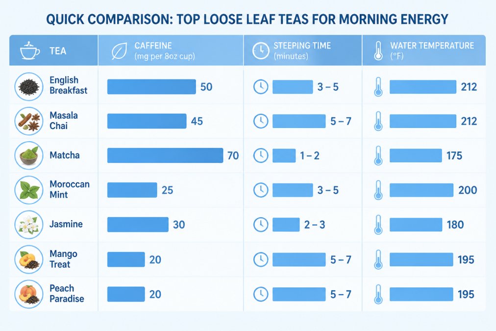 Visual comparison chart showing 7 best loose leaf tea for morning energy kick 2026