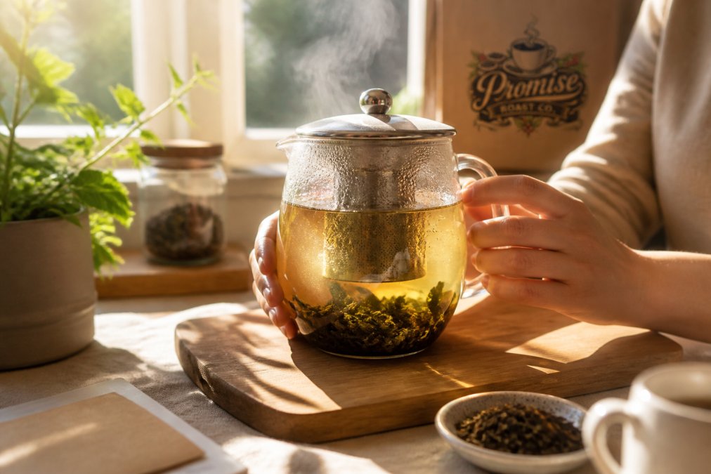 Close-up of loose leaf tea steeping in a glass infuser with hot water, steam rising gently, morning sunlight streaming through a kitchen window, hands holding the clear glass vessel