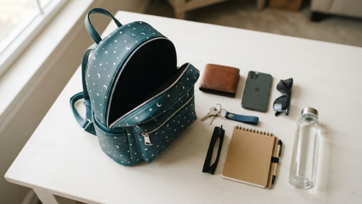 A compact character mini backpack open on a white surface with daily essentials arranged beside it