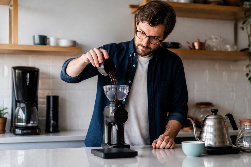 Home barista weighing single-dose coffee beans on a digital scale before pouring them into a compact grinder hopper, demonstrating precision dosing in a bright kitchen setting