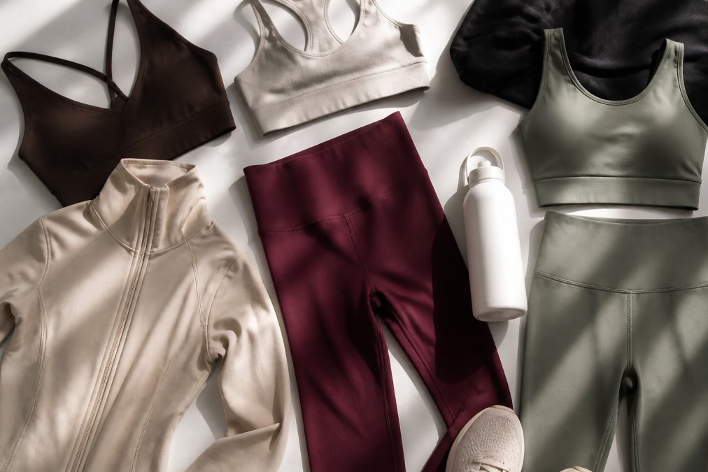 Flat lay of premium activewear pieces including seamless leggings, sports bras, and a zip jacket in neutral and bold tones arranged on a clean white surface with soft natural lighting