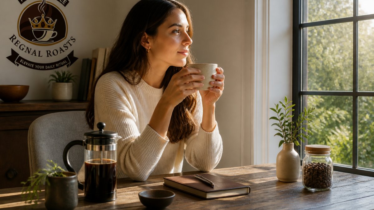Person holding a ceramic coffee mug in a sunlit home workspace, pausing mindfully before taking a sip, with warm morning light and a cozy atmosphere
