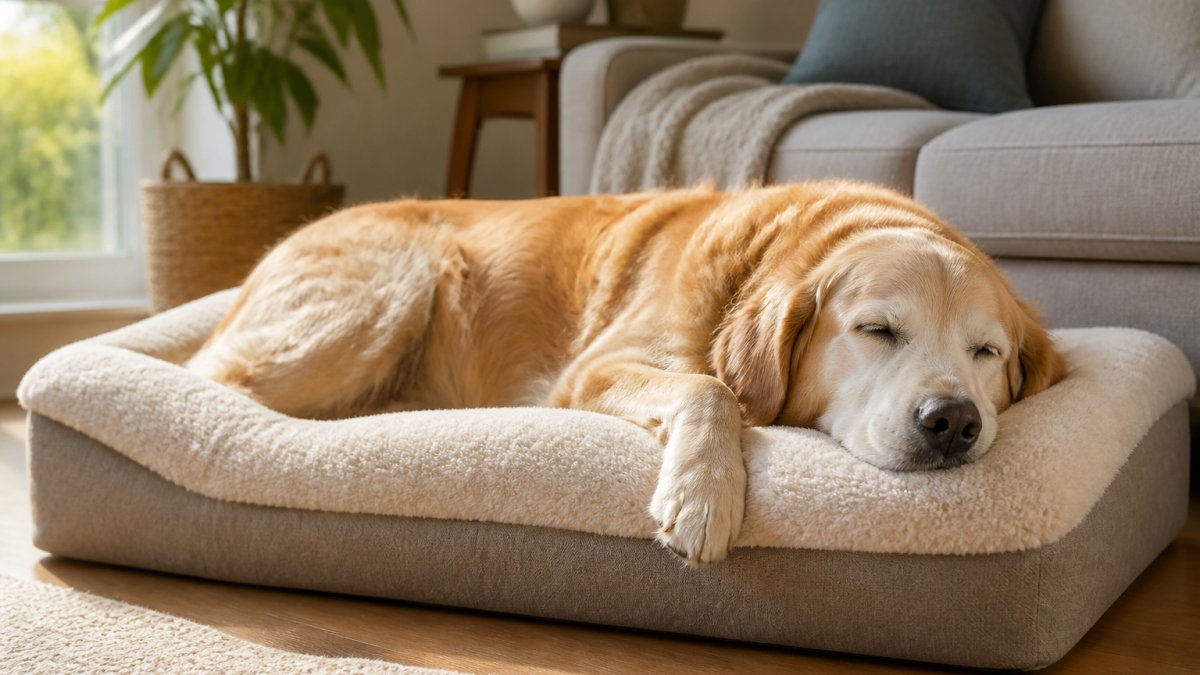 Senior dog resting peacefully on a plush orthopedic bed in a sunlit living room, showing relaxed posture and comfortable positioning