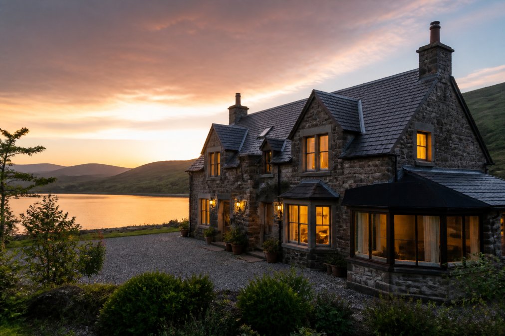 The exterior of a luxury stone lodge on the Isle of Skye at golden hour, with calm loch water and rolling green hills in the background, warm light glowing from the windows