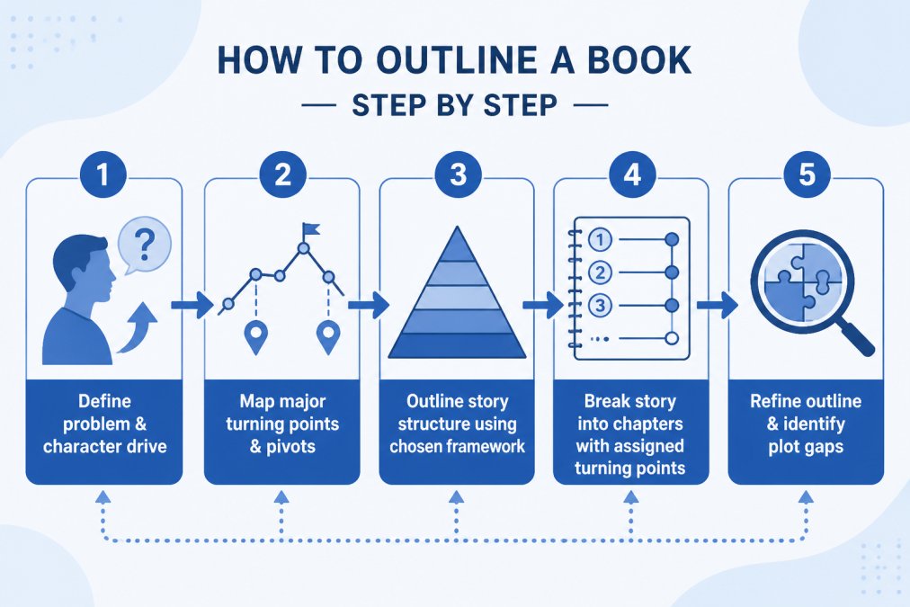 Flowchart showing five-step process: 1) Define story problem and character drive, 2) Map major turning points and pivots, 3) Outline story structure using chosen framework, 4) Break story into chapters with assigned turning points, 5) Refine outline and identify plot gaps