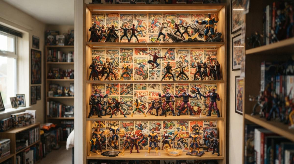 A collector's shelf unit displaying several Marvel Legends action figures in dynamic poses, with warm LED strip lighting and comic book backdrop