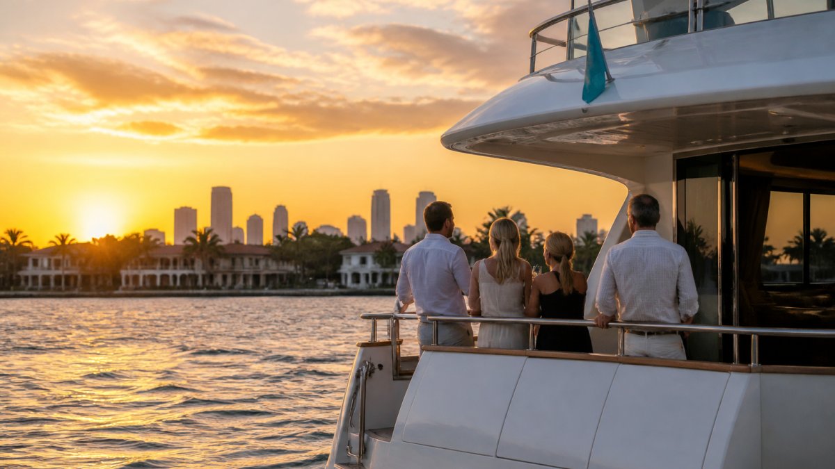 Luxury motor yacht cruising past Star Island mansions at sunset with the glowing Miami skyline in the background