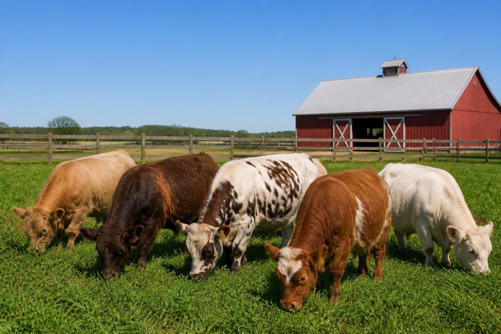 A small herd of miniature cattle grazing on a lush green pasture with a wooden fence and a red barn in the background under a clear blue sky