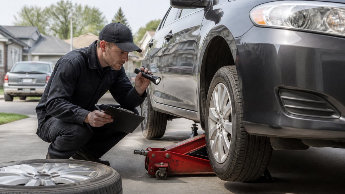 Journeyman-certified mobile mechanic inspecting a sedan in a residential driveway with a flashlight and clipboard