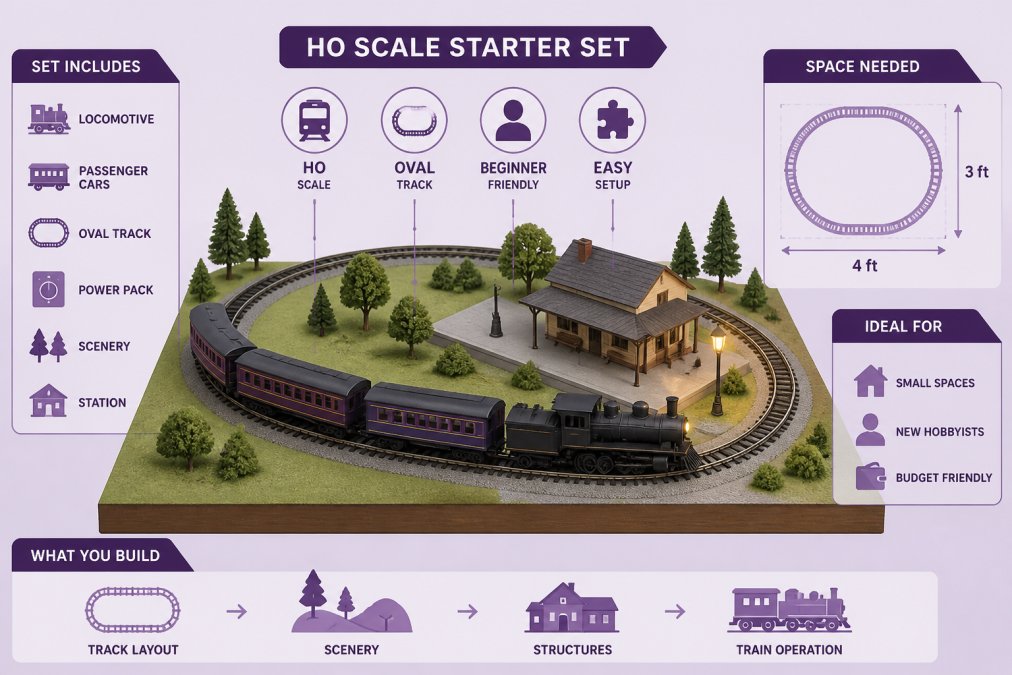 Infographic comparing budget and space requirements for popular model train starter sets with an HO scale layout.
