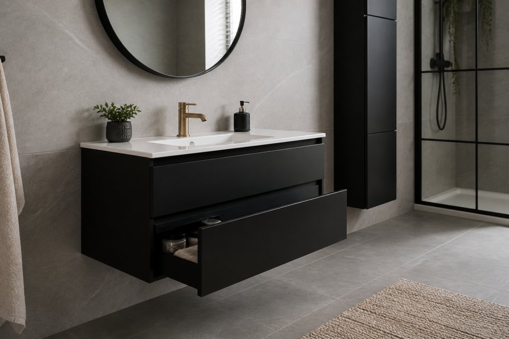 Modern matt black floating bathroom vanity with a brass tap and soft-close drawer in a neutral-tiled room