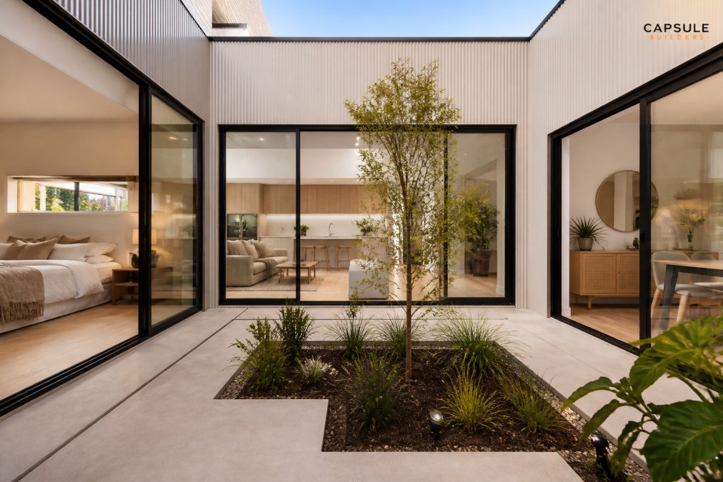 A modern steel-framed modular home on a narrow lot, featuring a central courtyard with large glass sliding doors that open to a small, landscaped garden, allowing natural light to flood the interior living space