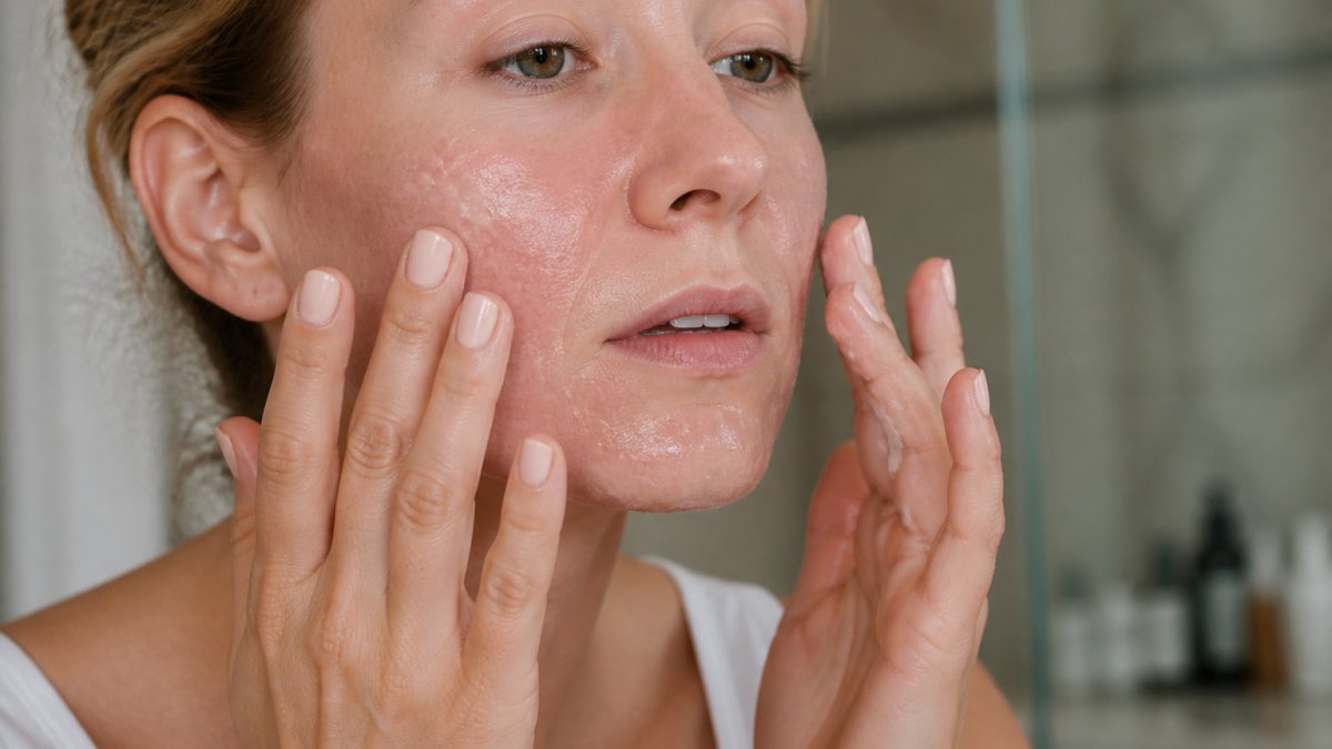 Step-by-step guide on gently patting moisturizer onto healing skin after using the 7 best moisturizers for TCA peel recovery