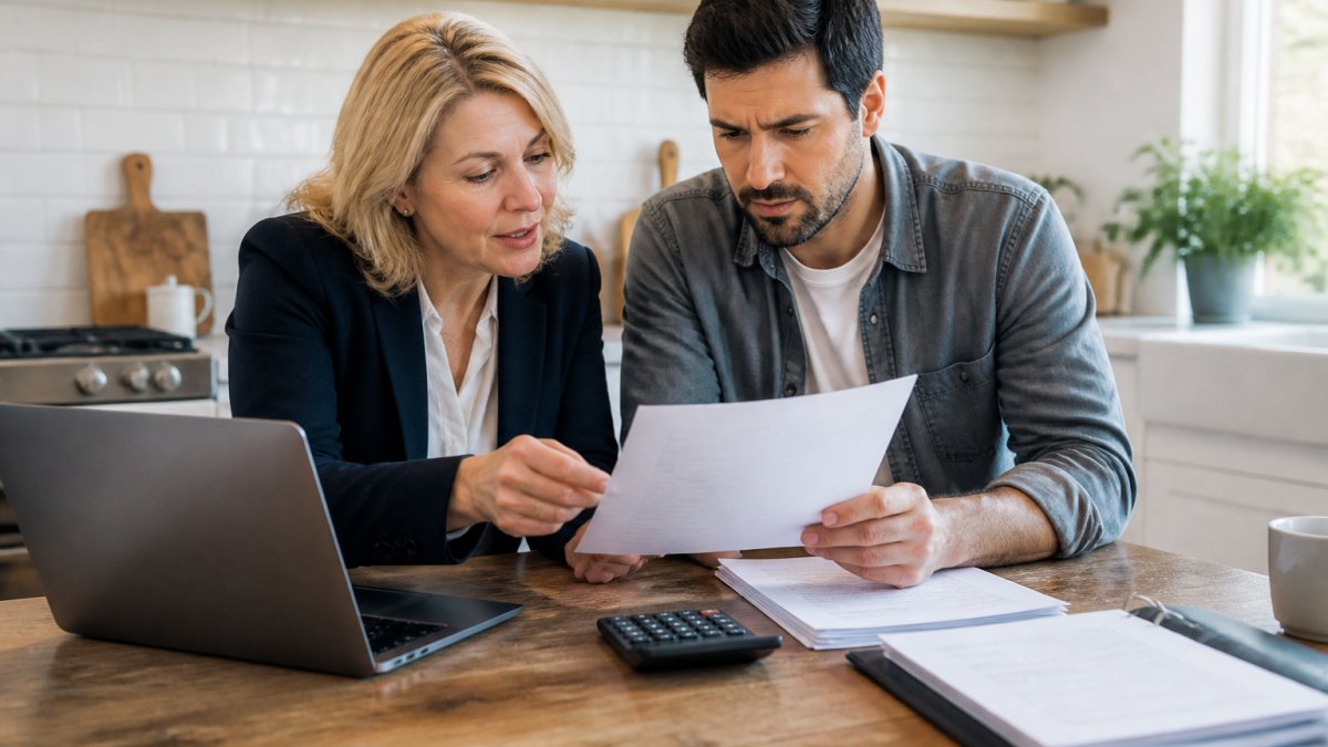 A mortgage consultant and a self-employed client reviewing income documents and a laptop at a bright kitchen table, with a calculator and folder of paperwork in view