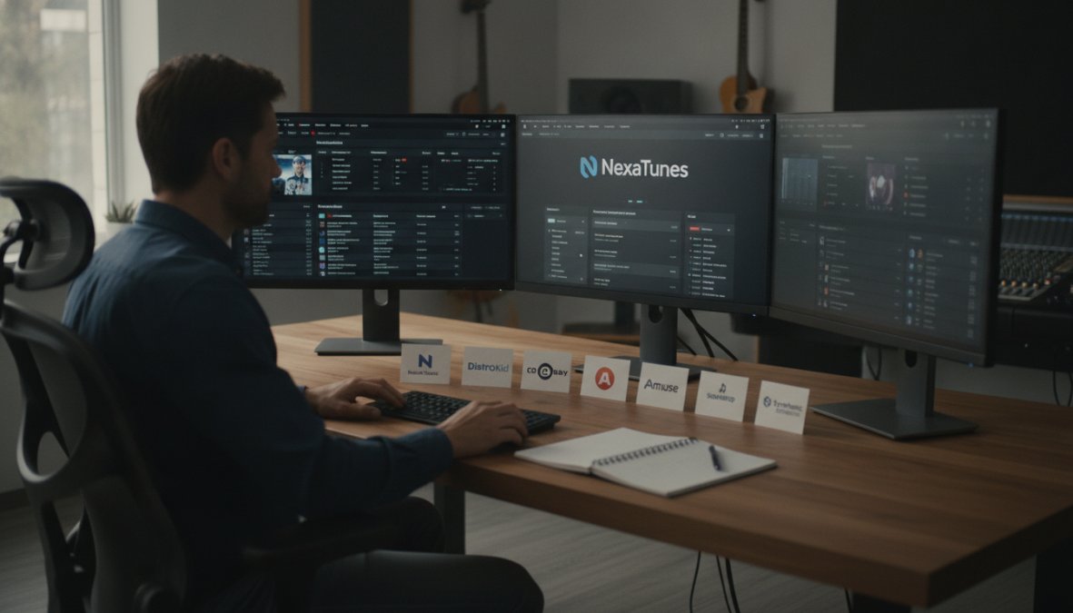 Music label manager reviewing distribution analytics and artist earnings on multiple monitors in a modern studio office with professional lighting