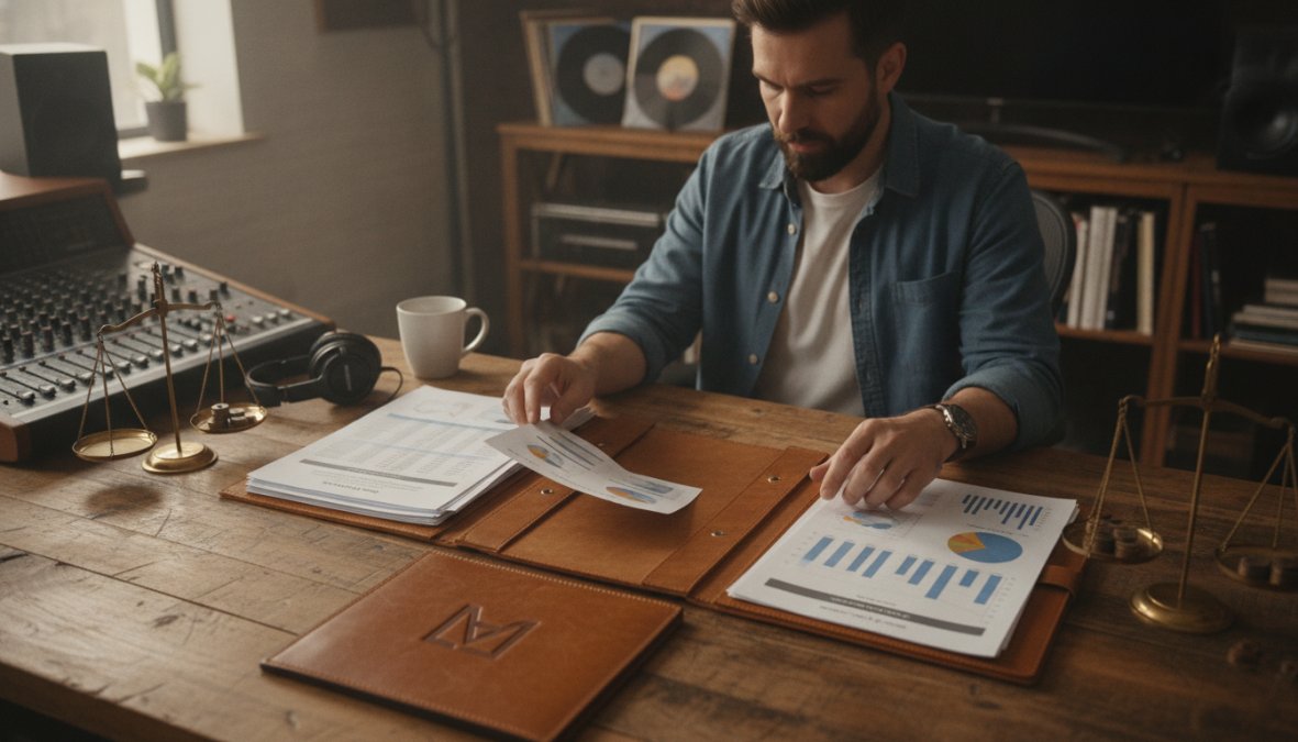 Professional illustration showing music and label and manager concepts for royalty accounting software