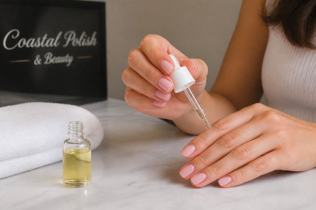Step-by-step process for nail strengthening using jojoba oil applied to cuticles at home