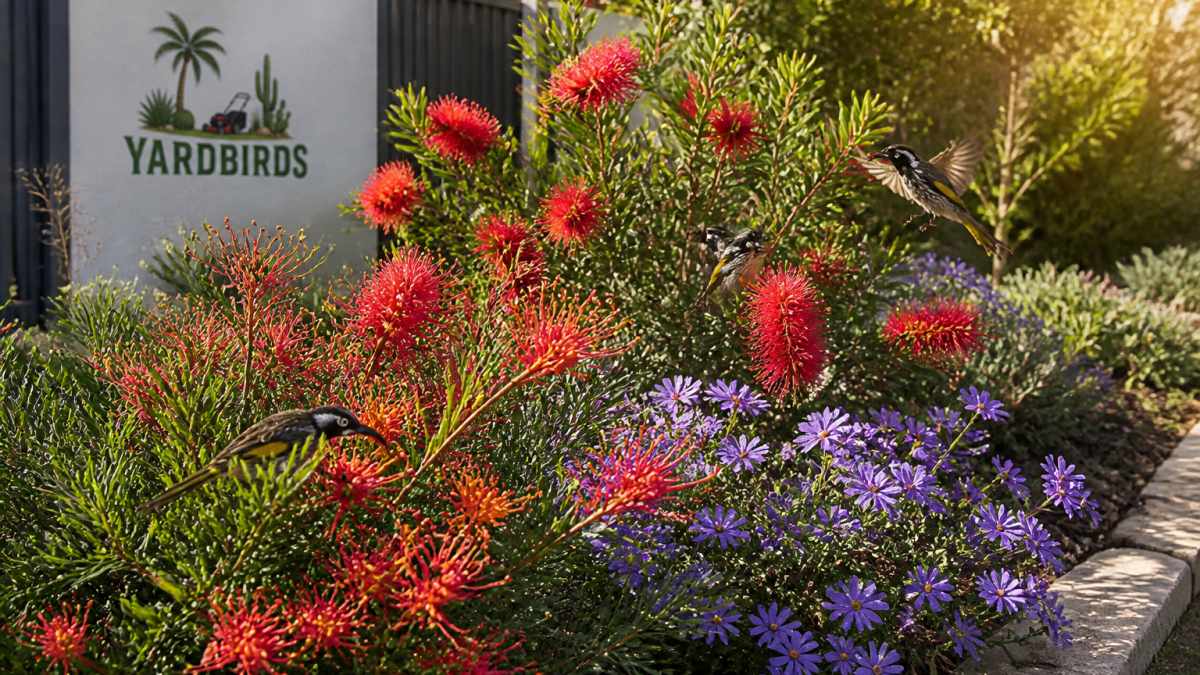 Vibrant Inner West garden bed showcasing flowering Grevillea with red-orange blooms, Callistemon with deep crimson flowers, and Scaevola groundcover with purple-blue flowers, with native honeyeater birds visiting the blooms in morning sunlight