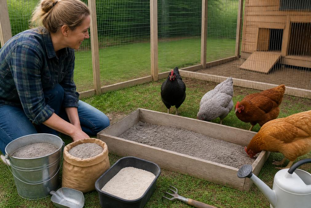 Backyard chicken keeper kneeling by a wooden box filled with sand and ash as hens inspect the dust bath area