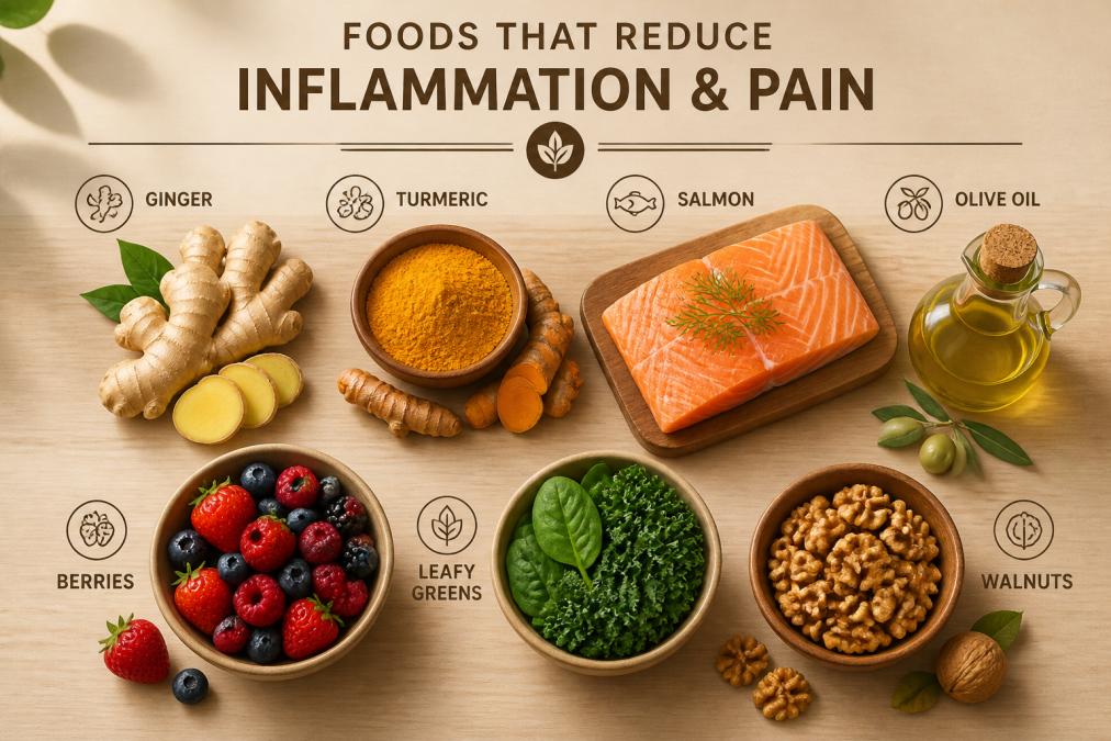Overhead shot of colorful anti-inflammatory foods arranged on a wooden table including fresh ginger root, turmeric powder in a small bowl, salmon fillet, mixed berries, leafy greens, walnuts, and olive oil bottle with natural window lighting