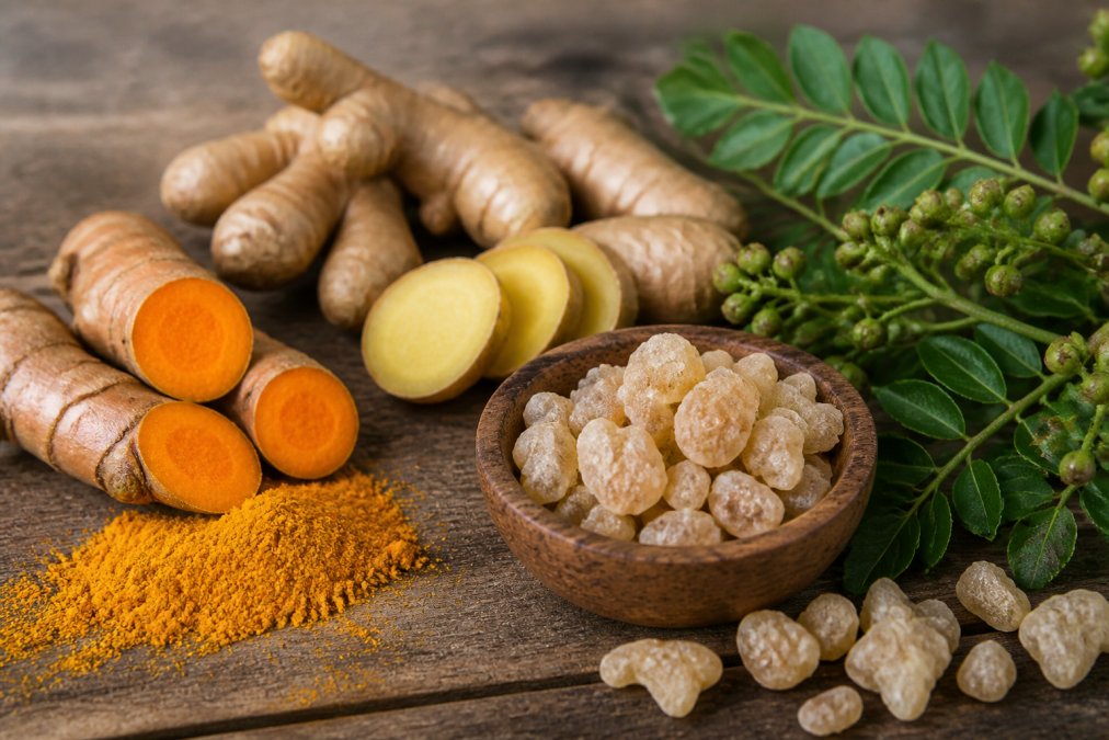 Fresh turmeric root, ginger, and boswellia resin arranged on a rustic wooden table in natural morning sunlight.