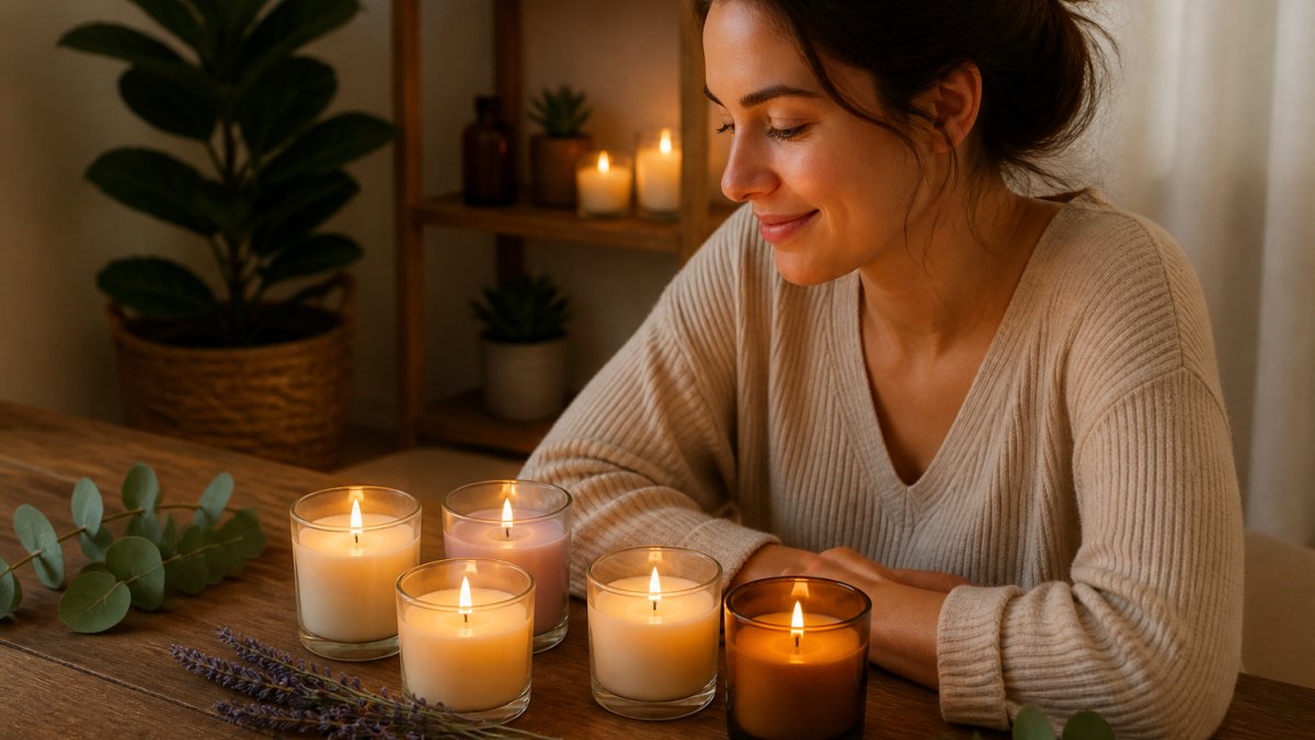 Lit natural candles with lavender and eucalyptus on a wooden table, representing the best natural candles for migraine