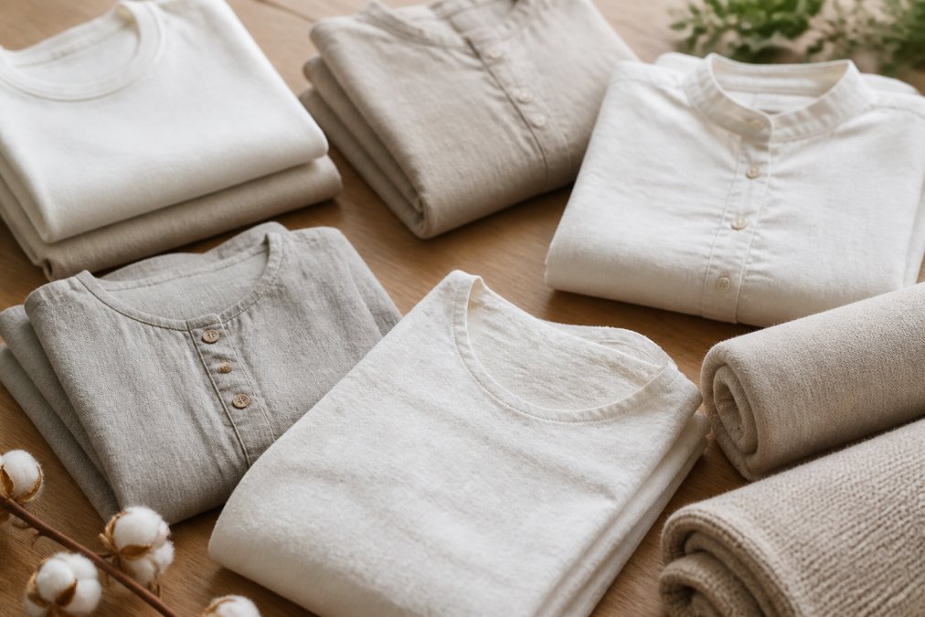 A flat lay of neatly folded natural fabric garments in neutral tones (white, beige, light gray) made from organic cotton, linen, and bamboo viscose, arranged on a clean wooden surface with soft natural lighting