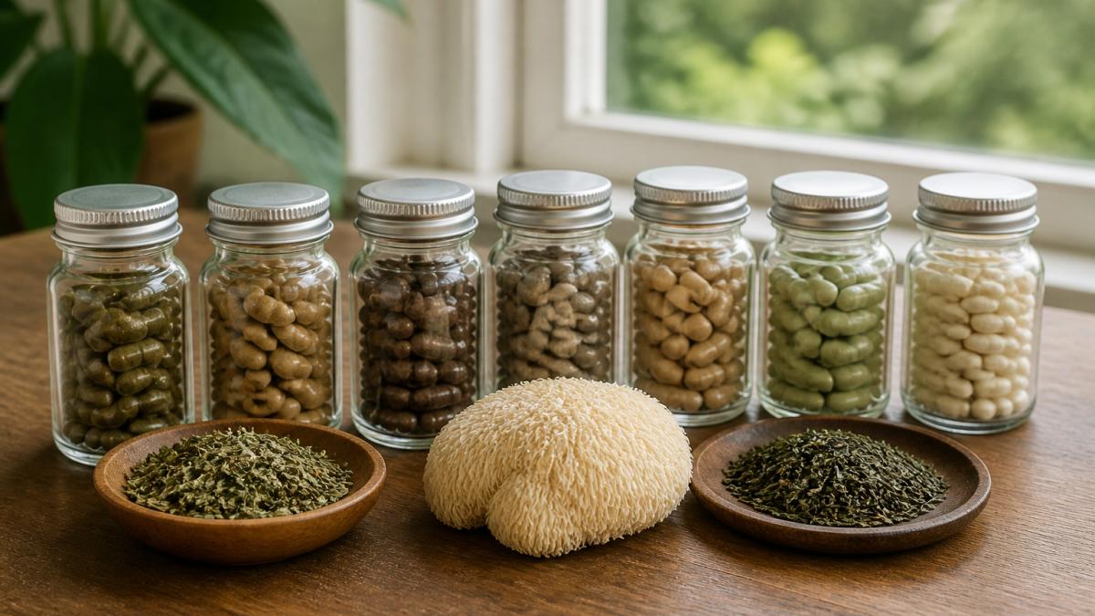 A wooden table displaying seven small glass supplement bottles with dried Bacopa monnieri leaves, a lion's mane mushroom, and loose green tea leaves arranged beside them in soft natural window light