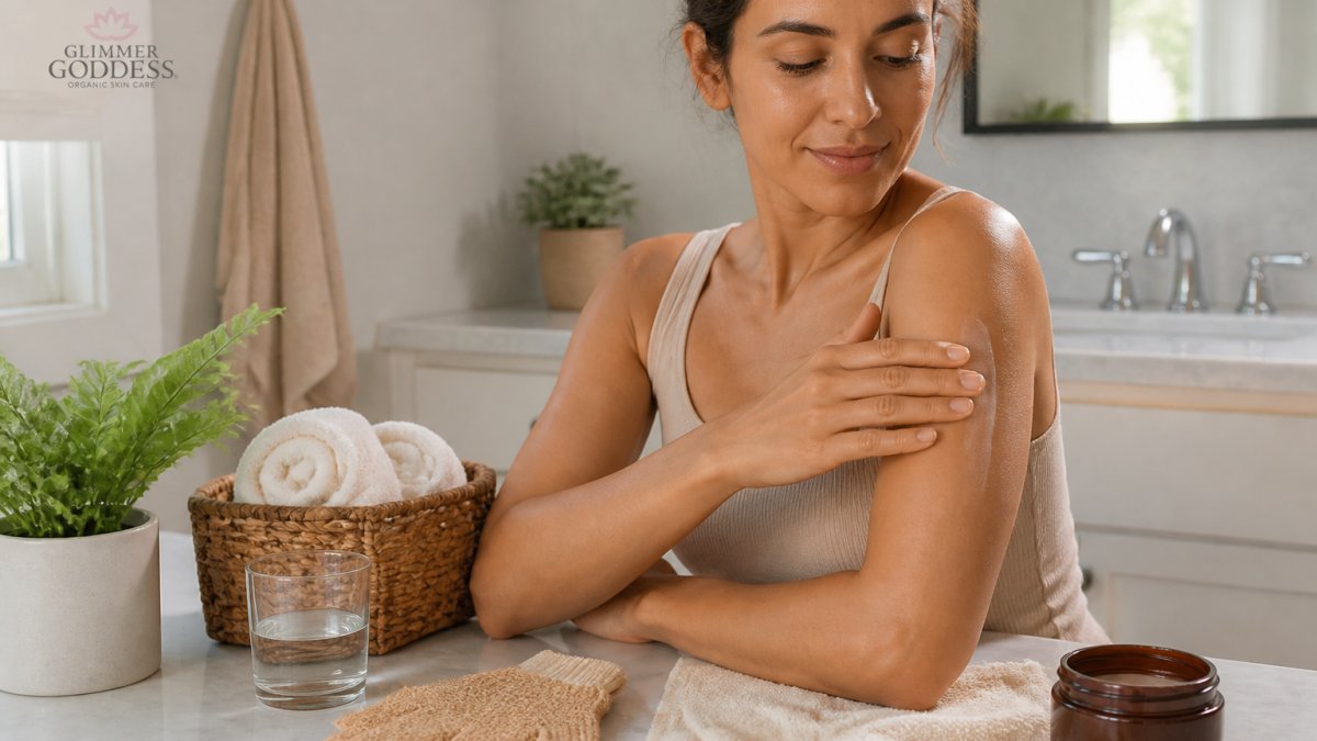 Person applying self-tanner lotion to arm using even, circular motions on clean, moisturized skin in natural bathroom lighting