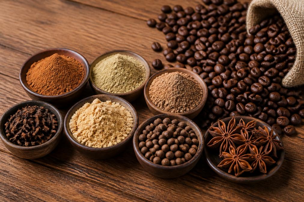 Close-up of seven small bowls or piles of ground spices (cinnamon, cardamom, nutmeg, cloves, ginger, allspice, star anise) arranged on a wooden surface next to whole coffee beans in natural daylight