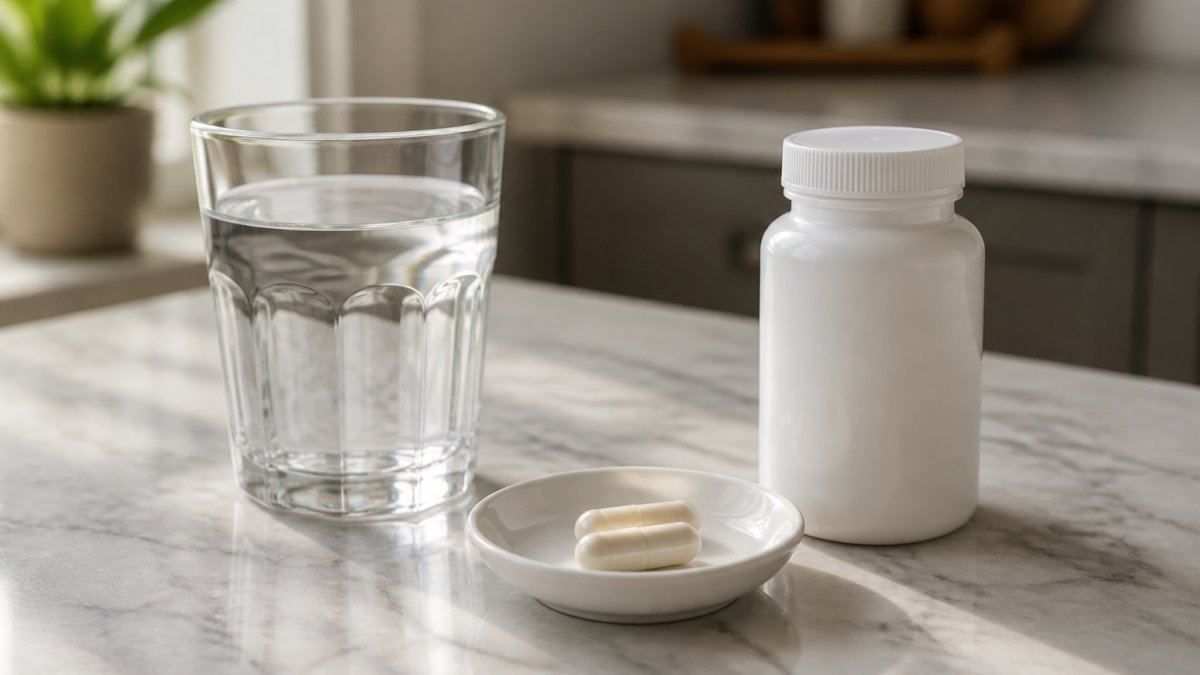 A glass of water, a small white dish holding two capsules, and a supplement bottle on a clean marble kitchen counter in soft morning light