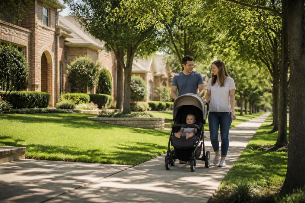 A young family walking with a stroller along a tree-lined sidewalk in a suburban neighborhood with green lawns and brick homes