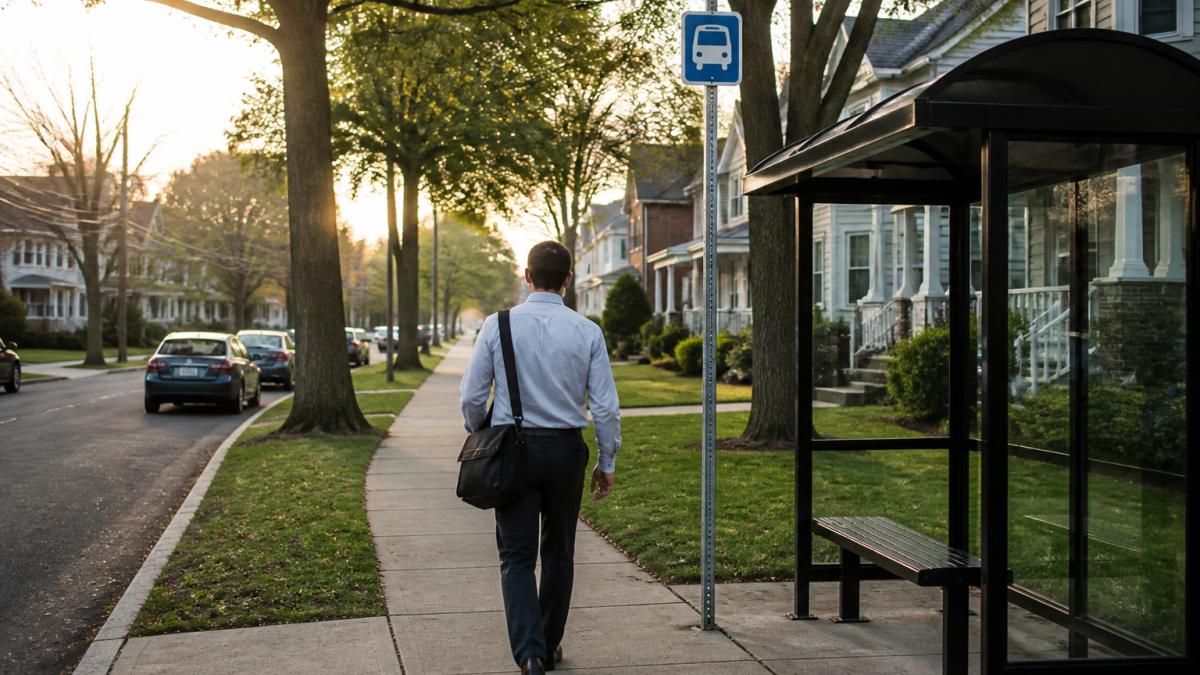 A commuter in business casual attire walking along a tree-lined suburban sidewalk toward a bus stop at sunrise, with modest two-story homes and parked cars visible in the background
