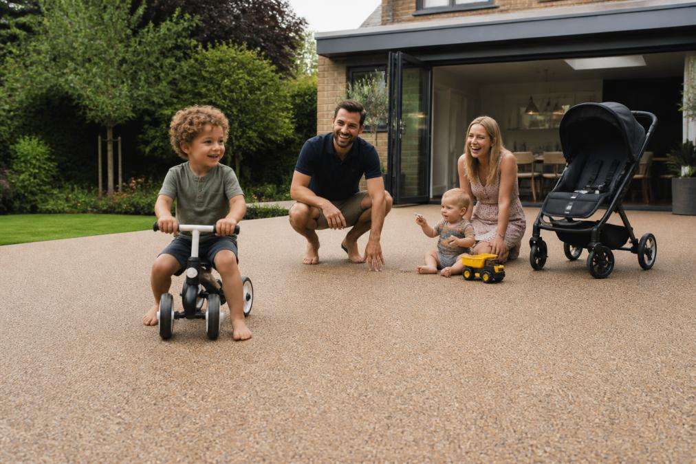 A happy family with young children playing on a smooth, modern resin bound patio in a British garden, with a pushchair and toys visible, showing the safe, seamless surface
