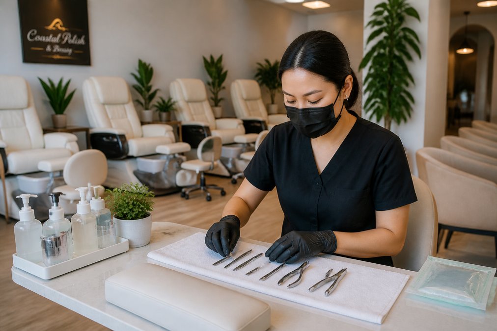 Bright, modern nail salon interior with clean white chairs and green plants; a technician in a mask prepares a sanitized station with tools laid out on a fresh white towel