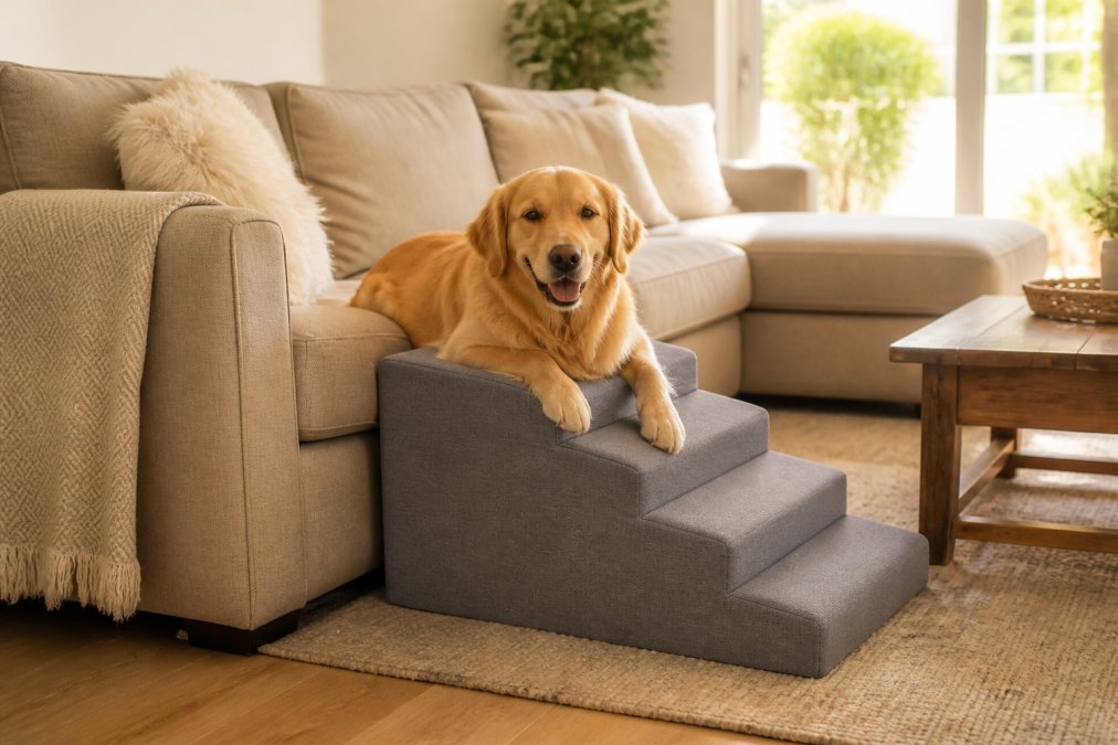 A bright, modern living room with a golden retriever resting comfortably on a high-density foam dog stair ramp beside a beige couch, natural sunlight streaming through large windows