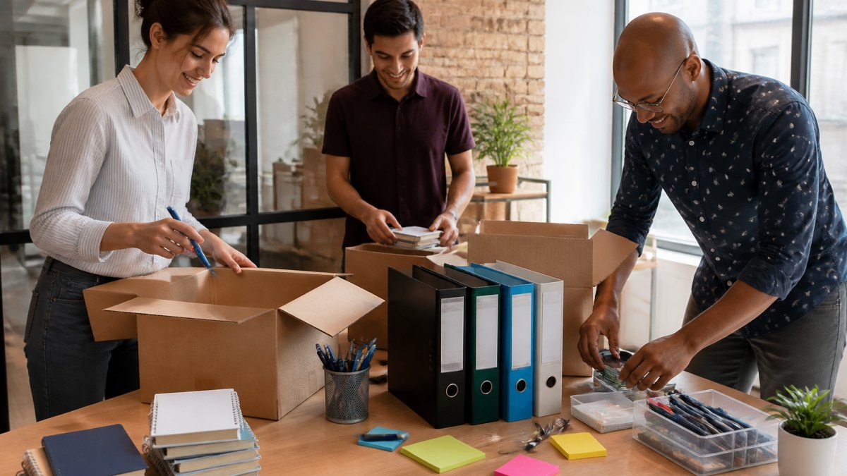 Small business team unpacking pens, notebooks, and folders on a new office desk