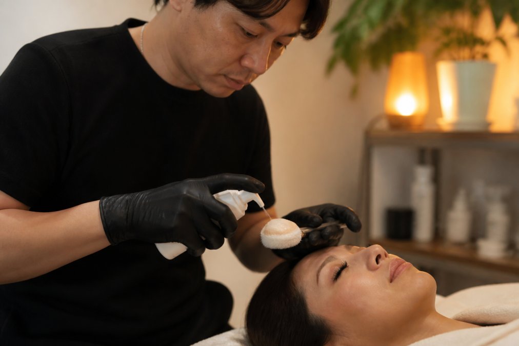 Close-up of a lash artist's gloved hands dispensing foaming lash cleanser onto a soft cleansing brush beside a client reclining on a treatment bed, warm salon lighting