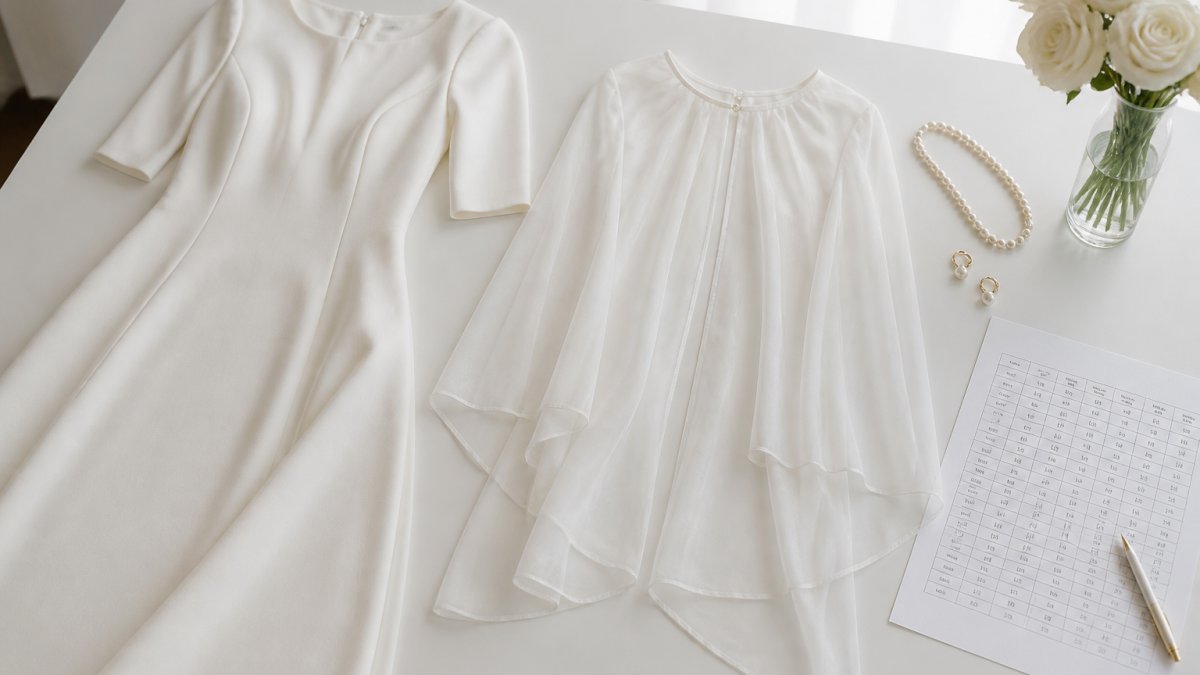 A flat-lay comparison of a minimalist crepe midi gown, a chiffon cape, and a printed size chart on a clean white table, soft daylight