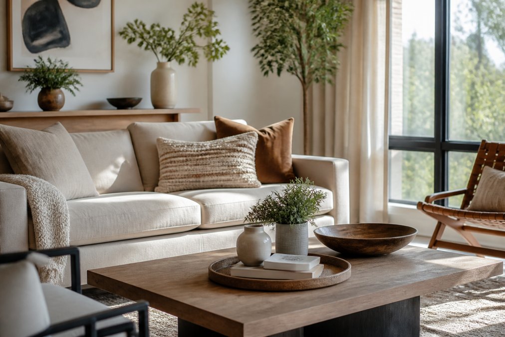 A bright, stylish living room with a modern sofa, curated decor accents on a coffee table, and a large window with natural light streaming in