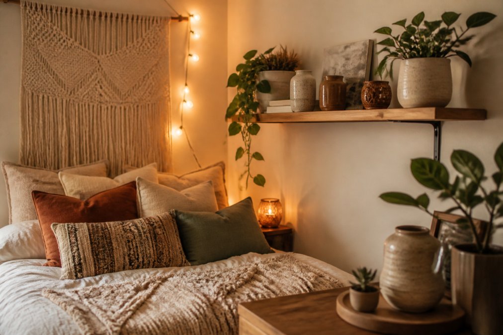 A styled bedroom corner featuring layered textures with decorative throw pillows in coordinating colors, a textured wall hanging, ambient string lighting casting warm glows, and a mix of ceramic planters and vintage-inspired accessories arranged on a floating shelf