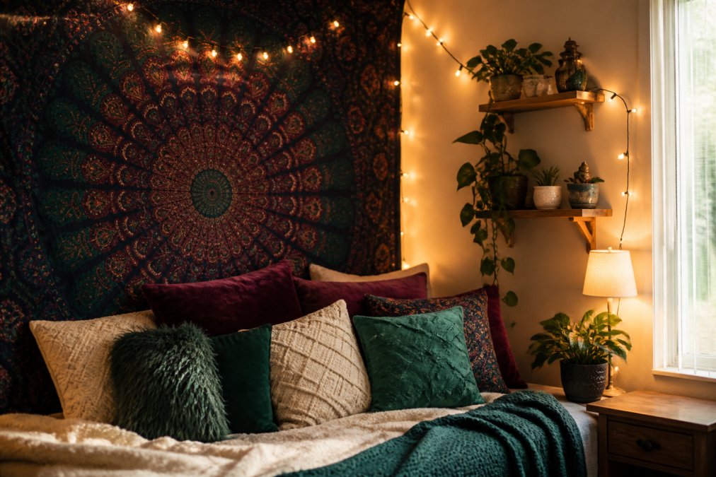 A compact dorm room corner featuring a bold statement tapestry on the wall in deep jewel tones, layered throw pillows in coordinating textures on a bed, hanging string lights creating ambient warmth, and a small wooden shelf displaying ceramic planters and decorative objects