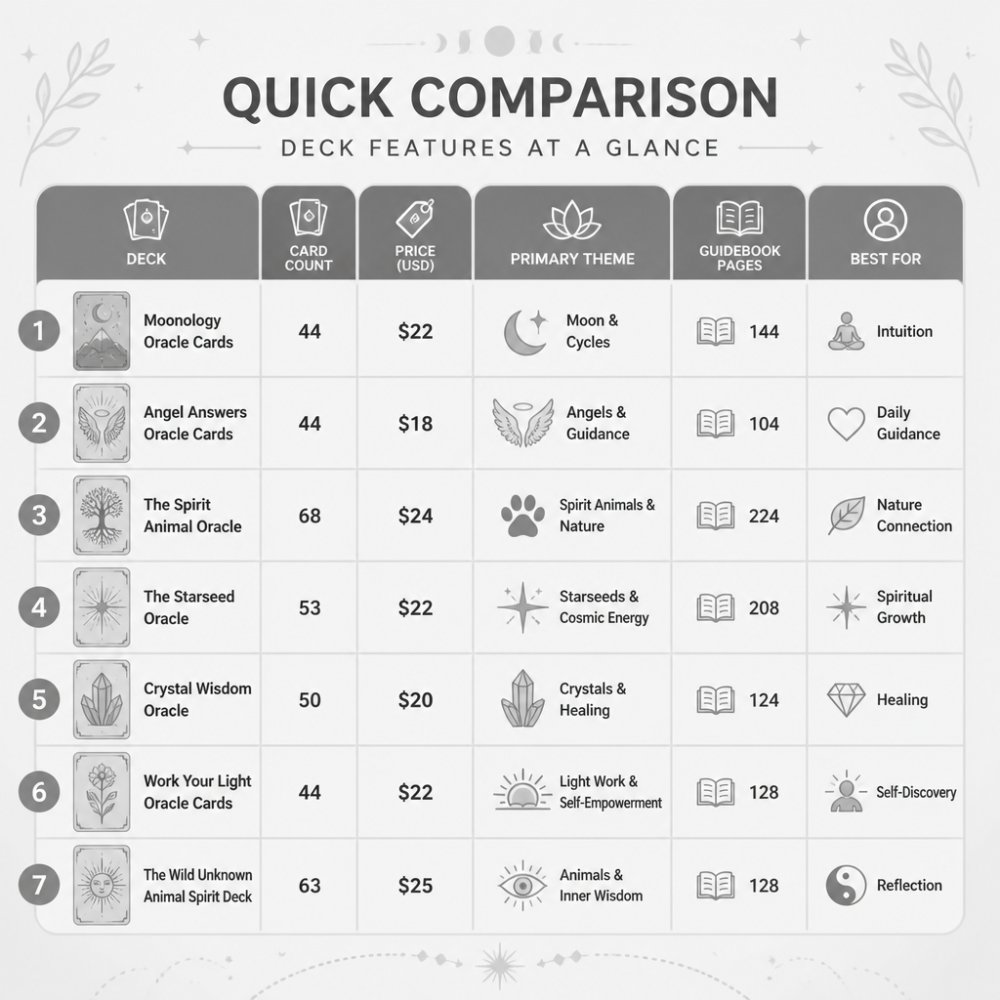 Comparison matrix of 7 oracle decks for beginners detailing card count, price, themes, and guidebook features.