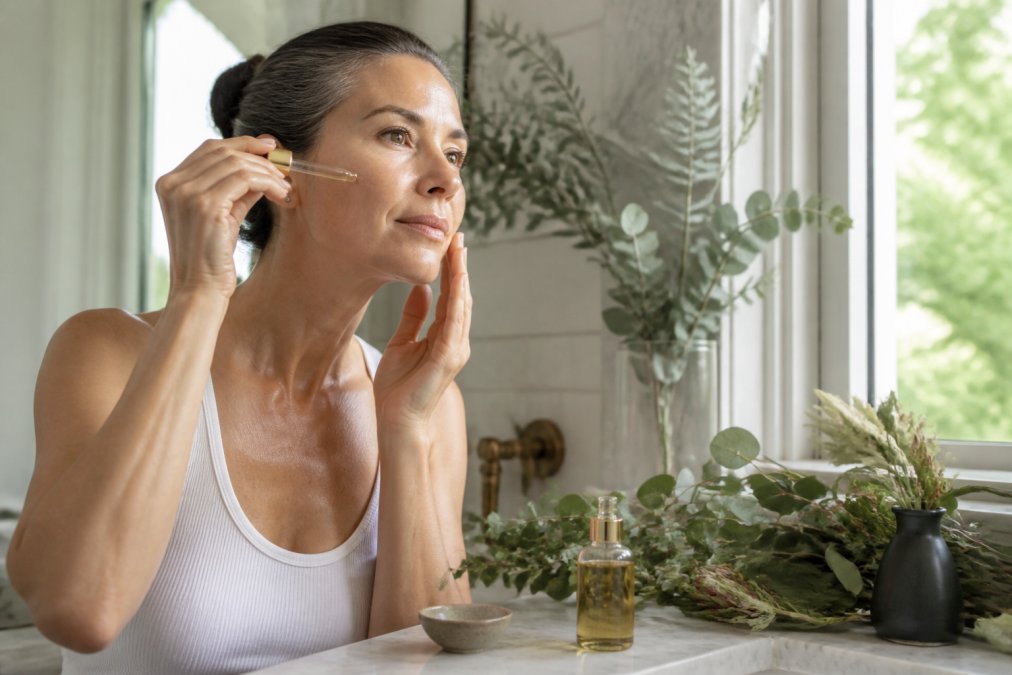 Woman with sensitive skin applying organic vegan skincare oil in a sunlit bathroom with Australian botanicals