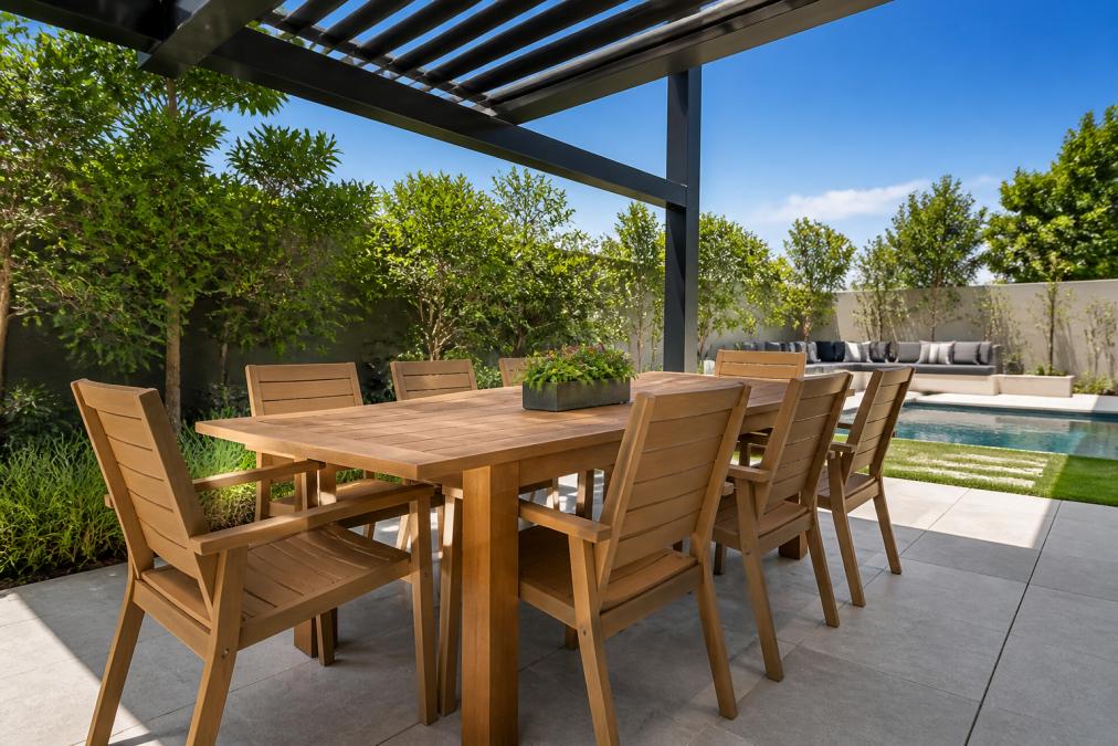 A bright backyard patio featuring HDPE dining chairs in teak color, a powder-coated aluminum pergola overhead, and a teak table, with a clear blue sky
